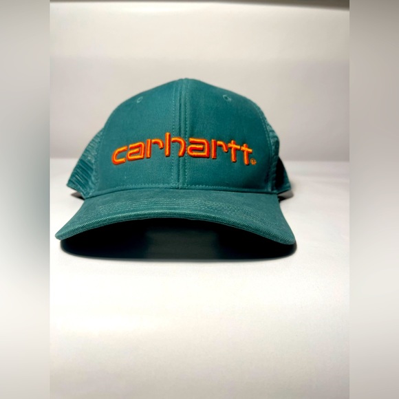 CARHARTT Seafoam Green Orange Lettering Canvas UNISEX Trucker Hat OS - Picture 1 of 3